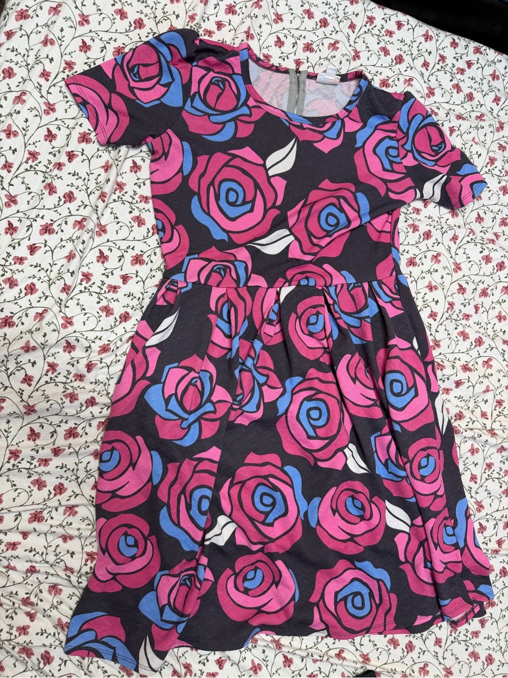 LuLaRoe Black Dress with Pink and Blue Rose Print